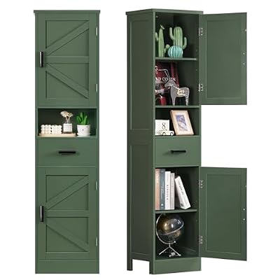 TEENFON 67" H Tall Bathroom Storage Cabinet with Barn Doors and Drawer, Narrow Bathroom Cabinet, Narrow Storage Unit, Adjustable Shelves, Floor Cabinets for Living Room, Forest Green
