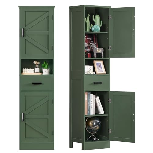 TEENFON 67' H Tall Bathroom Storage Cabinet with Barn Doors and Drawer, Narrow Bathroom Cabinet, Narrow Storage Unit, Adjustable Shelves, Floor Cabinets for Living Room, Forest Green UNSNG091V