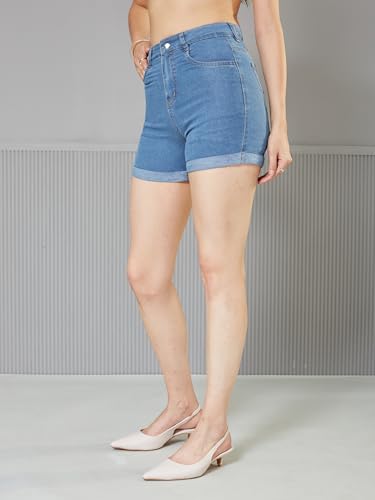 Image of Miss Chase Women's White Regular High Rise Clean Look Regular Stretchable Denim Shorts