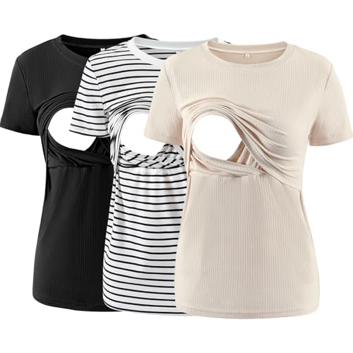 Love2Mi 3er Pack Damen Stillshirts kurzen Umstandstop T-Shirt...