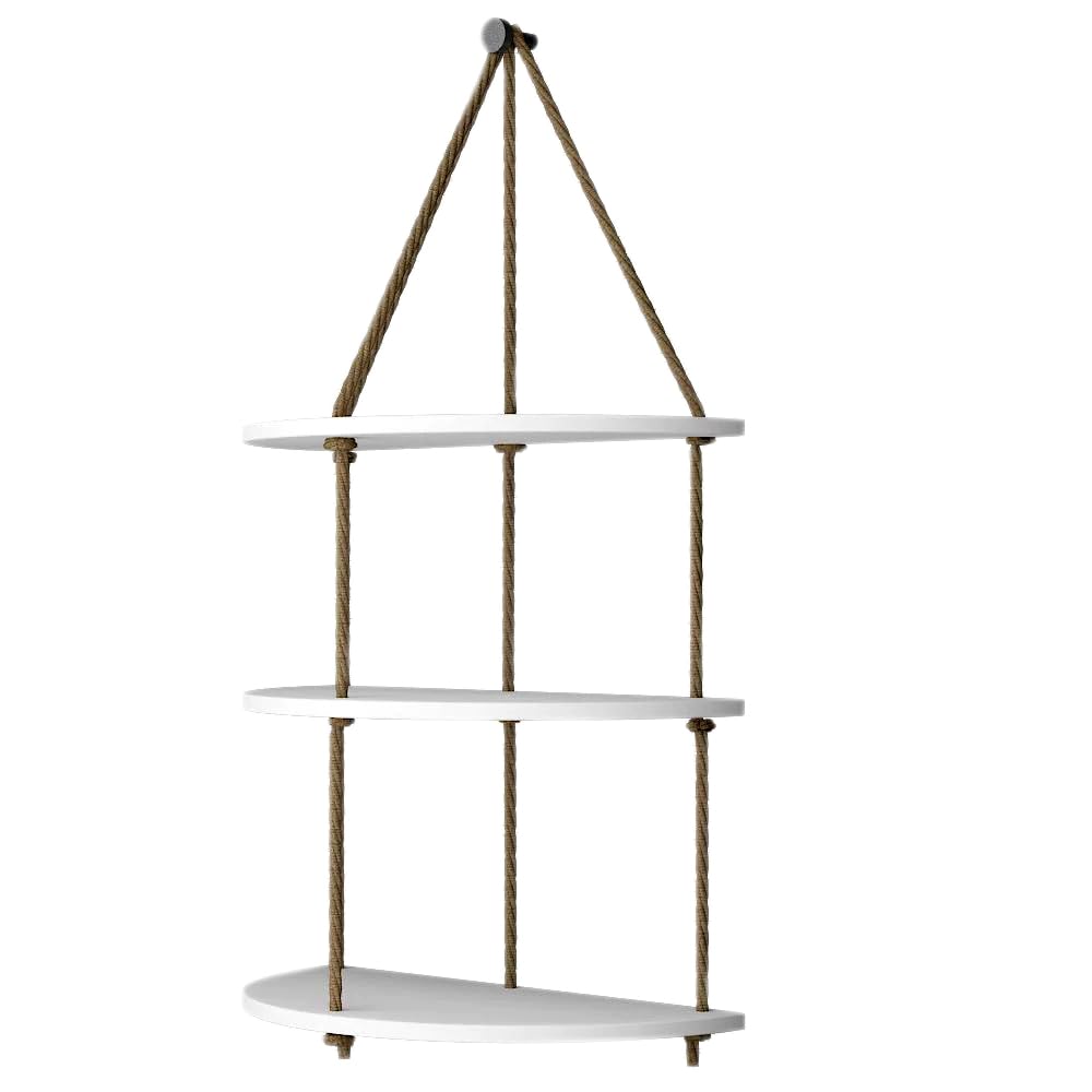 - Khush Its Amazing Half Oval White 3 Layer Shelf Wood Floating Shelves for Wall Rustic Rope Wall Hanging
