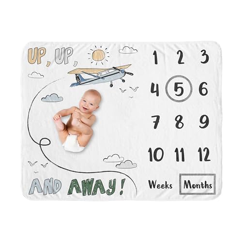 Sweet Jojo Designs Vintage Airplane Boy Baby Milestone Blanket Newborn Monthly First Year Photo Growth Chart Infant Memory Gift Set Grey Green Blue White Yellow Airplanes Plane Transportation Clouds