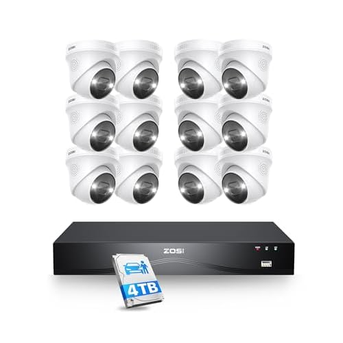 ZOSI 32CH Kit Caméra de Surveillance Extérieure 4K, 12X 8MP PoE IP Caméra Extérieure avec 4To HDD NVR pour Vidéo Surveillance 24h/24, 7j/7, Audio 2 Voie, Détection Personne/Véhicule AI, C225