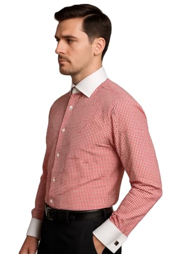 Image of Men's Premium Cotton Formal Dress Shirt - White Collar & French Cuffs with Cufflinks | Solid White, Micro Check & Striped for Office, Wedding