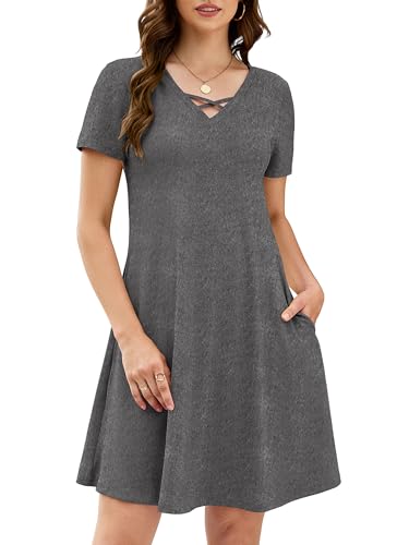 Image of KORSIS Women's Dresses Summer Casual T-Shirt Short Sleeve Criss Cross V Neck Swing Beach Vacation Sundress Dress with Pockets