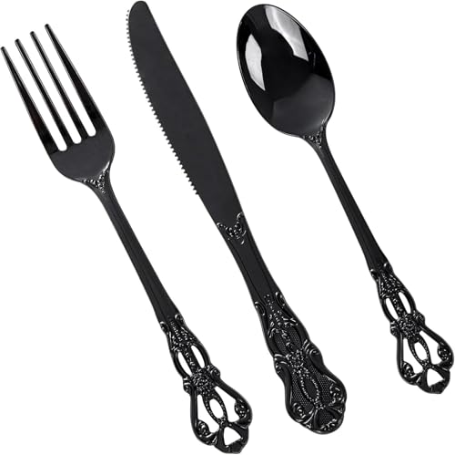 Joyido 150PCS Black Plastic Silverware - Heavy Duty Disposable Cutlery Sets - Fancy Plastic Utensils Flatware Include 50 Forks 50 Spoons 50 Knives for Catering Dinners Wedding Party