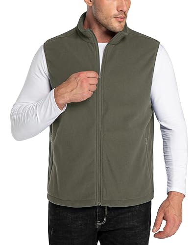 33,000ft Herren Fleece Weste Jacke Standkragen Ultraleicht Outdoor Ärmellose Fleecejacke Gilets Tops Fleeceweste Herren mit Taschen Reißverschluss (Olivgrün,2XL)