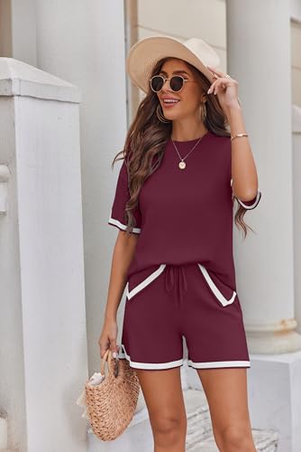 Image of Ekouaer Womens Knit Lounge Set 2 Piece Sweater Sets Short Sleeve Sweatsuit Pullover Tops