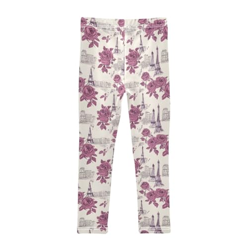 Retro Eiffel Tower Rose House Girls Leggings Soft Stretch Workout Yoga Dance Pants for Kids Casual Tights2