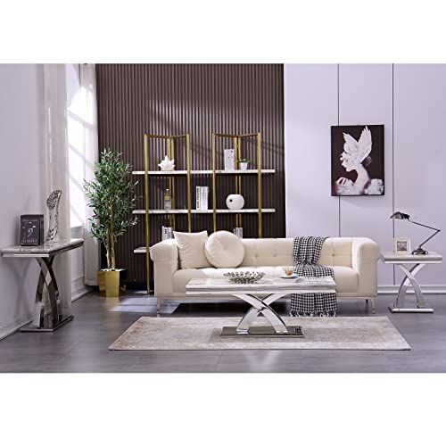 Auz 2Pcs Silver Grey Square End Table, End Table With Stainless Steel Base And Polish Silver Finish, Stable End Table With X Base And A Square Bottom Plate #TOP2