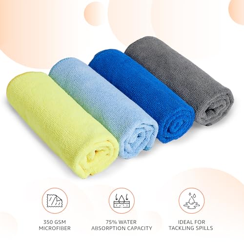Image of Amazon Basics Pack of 4 Microfiber Cleaning Cloth | 350 GSM | Ultra Soft | Super Absorbent | Reusable | Multicolor| 40cm X 40cm