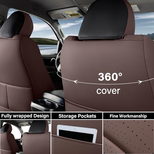 Image of Coverado Tacoma Seat Covers, Leather Front Car Seat Covers for Toyota Tacoma, Car Seat Protector Compatible with 2005-2023 Toyota Tacoma Double /Crew Cab(Brown)