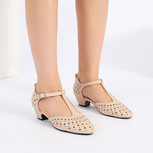Image of MAIERNISI JESSI Women's T-Strap Mary Jane Pumps, Low Block Heel, Closed Toe, Buckle Ankle Strap