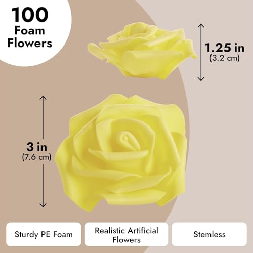 100 Pack Yellow Artificial Flowers, Bulk Stemless Fake Foam Roses for Wedding, Decorations, Bouquets (3 in) image 3