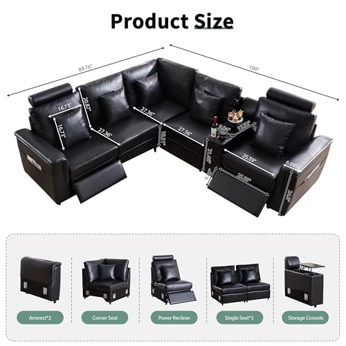 Image of RRARZOE Faux Leather Sectional Sofa with 2 Power Recliner, L Shaped PU Leather Couch with Storage Console Charging Cup Holders, 5 Seater Oversized Modular Reclining Couches for Living Room,Black