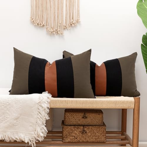 Farmhouse Rustic Lumbar Pillow Covers 12x20 Boho Cotton Pillowcase, Modern Faux Leather Accent Cushion Cover for Living Room Sofa Bed Couch, Black and Brown (Pack of 2,Cover ONLY)