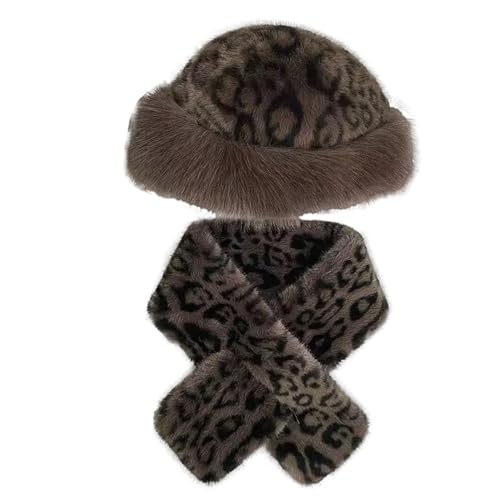 2 PCS Leopard Print Fluffy Bucket Hat and Scarf Set Cute Bear Ear Cheetah Print Beanie Hat Winter Warm Accessories
