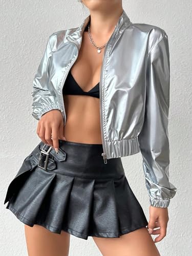 OYOANGLE Women's Metallic Zip Up Crop Jacket Long Sleeve Mock Neck Bomber Jackets Outerwear2