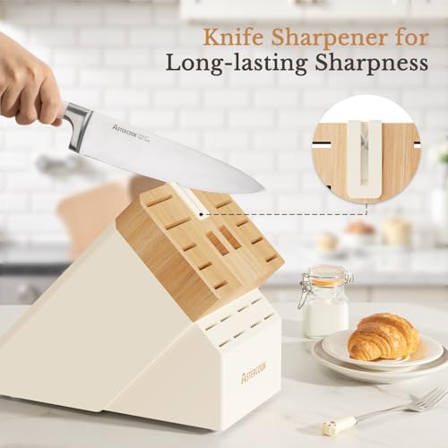 Image of Knife Set,Astercook Kitchen Knife Set with Block 22-Piece Full Tang Stainless Steel Knives with Sharpener Dishwasher Safe and Anti-Slip Ergonomic Handle Elegant Cream White Utensils Set