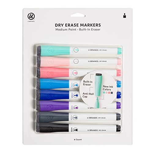 U Brands Medium Point Dry Erase Markers, Office Supplies, Assorted Pastel Colors, With Eraser Cap, 8 Count #TOP1