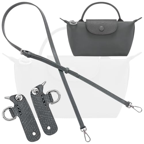 Image of Anthracite Bag Leather Strap Replacement Adjustable Crossbody Shoulder Straps for XS Le Pliage MINI Pouch, No Damage Conversion Kits Accessories (MINI-Anthracite-Silver)