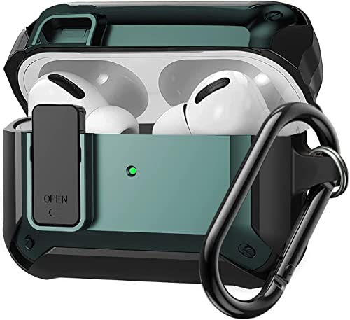 Airpods Pro Case Cover, [Secure Lock] OTOPO Armor Full-Body Rugged AirPod Pro Protective Case Men with Carabiner, Cool Air pods Pro Shockproof Shell Case for Apple Airpods Pro 2019 - Black/Green