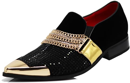 Image of Enzo Romeo Crisino Men Rhinestone Chrome Toe Suede Pointy Buckle Dress Loafer Slip On Shoes