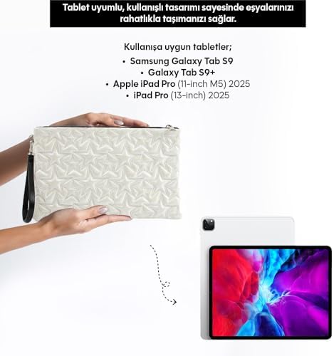 Ecrou Yıldız Desenli Portföy & Clutch Çanta Cüzdan | 30 × 19 cm | Hafif & Şık | Çıkarılabilir Bileklik Askılı | Fermuarlı Güvenli Tasarım | Trend (Beyaz) - Görsel 5