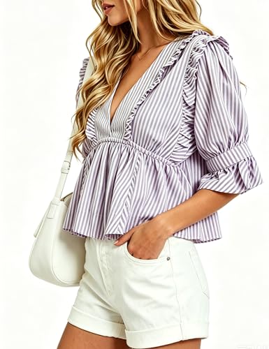 Image of Bozanly Womens Summer V Neck Short Sleeve Crop Tops Striped Shirts