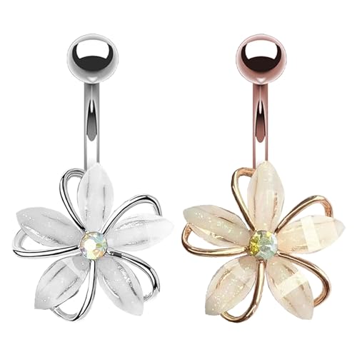 VERAMI 14G 2Pcs 316L Flower Belly Button Ring Surgical Steel Cute Flower Belly Button Ring Body Piercing Jewelry