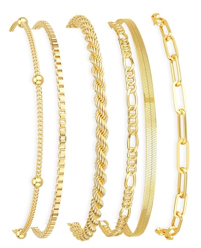 DEARMAY Gold Bracelets for Women Non Tarnish Jewelry Sets 14K Gold Plated Bracelets Stack Trendy Dainty Stackable Paperclip Rope Snake Box Figaro Chain Bracelets Set Pack Costume Fashion Gifts