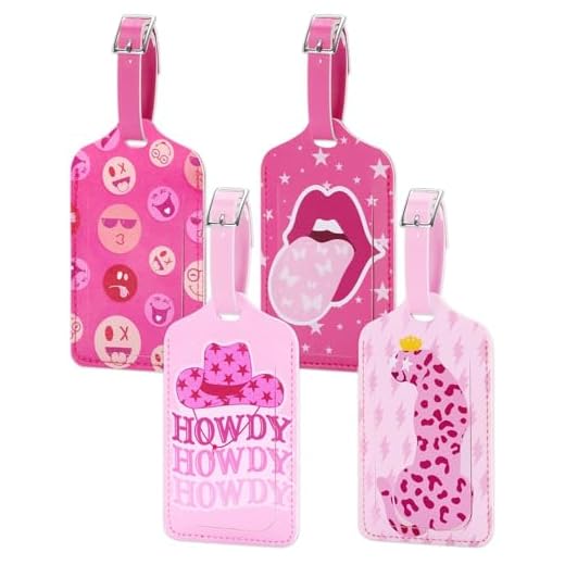 4PCS Luggage Tags for Suitcase Cute Preppy Bag Tag with Privacy Cover Address Card Pink Faux Leather Smiling Face Leopard Lips Howdy Y2K Kidcore Aesthetic Travel Essentials Gifts for Women Teen Girls