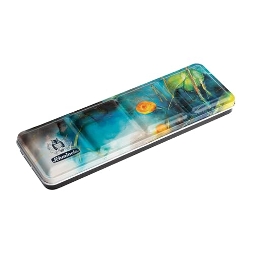 Schmincke – Akademie® AQUARELL bedruckter Farbkasten mit dem Siegermotiv des Aquarell-Wettbewerbs, 75825097, 12 halbe Näpfchen, Platz für 12 weitere Näpfchen, Perfekter Einstiegskasten
