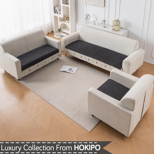 Image of HOKIPO 'Serenity Tassel' Chenille Sofa Cover 6 Seater Set with Tassels - Washable 3+2+1 Sofa Cover Mat | Midnight Graphite (IN-890 + IN-891 + IN-892 - DGRY)