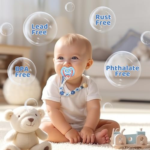 Image of Pacifier Clip for Boys Girls Floral Daisy Macrame Baby Paci Clip Pacifier Holder Leash Boho Wooden Clips Handmade Braided Cotton Binky Clips (2pack:Blue Daisy x 2)