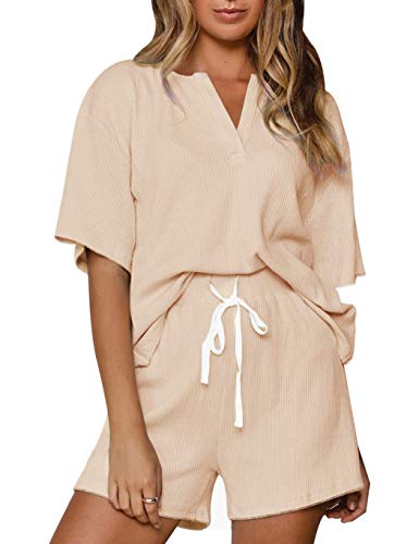 Kikiberry Women's Short Sleeve Lounge Set Mushroom Pockets Summer Cozy Summer Sleepwear Pajamas Sweatsuit Pj Set Apricot X-Large #TOP1