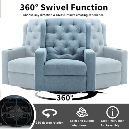 Image of Oversized Massage Recliner Chair Swivel Rocker Recliner for Adult, Wide Seat Fabric Reclining Chair, Manual Recliner Chair with Cup Holder, Glider Rocking Chair for Nursery, Blue