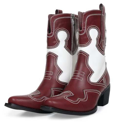 Western Woman Cowgirl Boots with Chunky Heel Pointed Toe Cowboy Boots White Patchwork Trendy Cowboy Stitched Pointe Toe Mid Shaft Boots