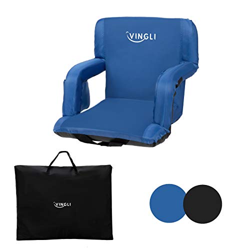 PEXMOR Stadium Seats for Bleachers with Back Support & Carrying Bag, 21   Reclining Chair with Two Pockets for Drinks, Portable Padded Shoulder Straps, Armrests, Waterproof Anti-Slip Bottom (Blue)