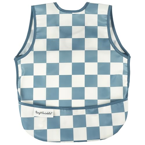 Image of Tiny Twinkle Mess Proof Baby Bib for Boys | Waterproof Toddler Bib for Eating | Baby Apron for Feeding, Machine Washable | Perfect Shower Gift (Blue Checkers, 6–24M)