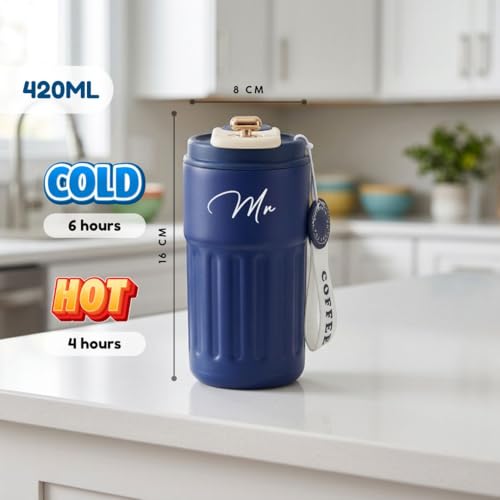 Image of Giftana Mr and Mrs Coffee Tumbler Set of 2, Premium Travel Mug Gift Set, 420ml Blue & White Tumblers for Couples, Newlyweds, Husband & Wife, Bridal Shower, Wedding, Anniversary and Engagement Gifts