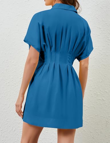 Image of Women Summer Short Sleeve Button Front Pleated Shirt Dress Striped Collar V Neck Casual Y2k Swing Short Mini Dress