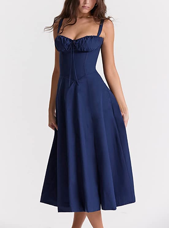 Women Y2k Square Neck Long Dress Low Cut Sleeveless Midi Dress Bustier Lace Trim Spaghetti Strap Going Out Swing Sundress2