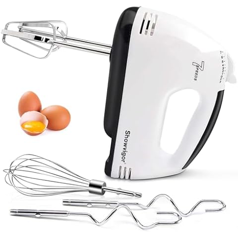 Showvigor 7-Speed Hand Mixer, 5-Piece Set, 2 Stainless Steel Dough Hooks, 2 Stirrers, 1 Traditional Whisk, Hand Mixer Electric Handheld for Stirring Meat, Dough, Eggs, Dishwasher Safe(White) Cover