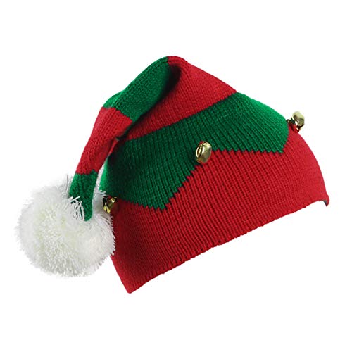 TiaoBug Enfant Chapeau Lutin de Noël Tricot Bonnet Elfe de Noël avec Pompon Clochettes Coiffure Décoration Déguisement Père Noël Rouge & Vert Taille unique