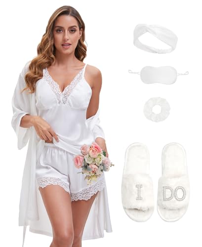 EPLAZA Bride Robe for Wedding Day Set Bridal Robes Silky Lingerie Pajamas Set Slippers for Wedding Bridal Bachelorette Party