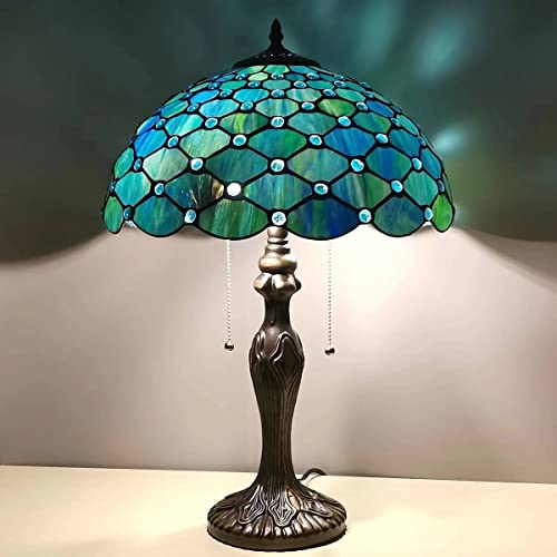 Zjart Tiffany Lamp Blue Stained Glass Peal Bead Style Reading Table Lamp W16H24 Inch Bedside Nightstand Desk Work Study Desktop Light Decor Home Kids Bedroom Living Room Office Pull Chain Switch #TOP2