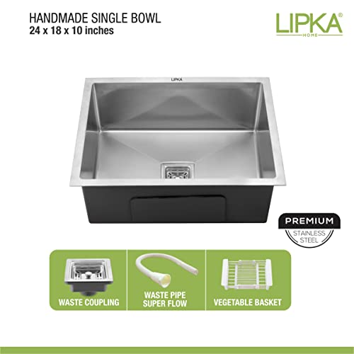 Image of LIPKA Silver Range Premium Stainless Steel - Handmade Single Bowl Kitchen Sink (24 inchx18 inchx10 inch) |Matte Finish with Waste Pipe & Sink Coupling
