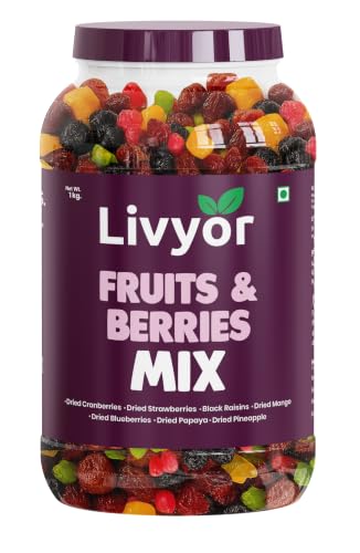 Image of Livyor 7 in 1 Dried Fruits and Berry Mix for eating - 1kg | Good Source of Fibre | Dried Cranberries | Pineapple | Pamelo | Papaya | Blueberries | Strawberries | Mango | Fruits & Berry Blast | Berries dry fruits | Berries fresh | Pack of 1