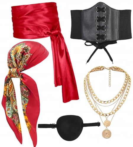 kasahara Costume de Pirate Médiéval Femme avec Corset, Bandana, Ceinture, Cache-œil inclus, Déguisement pour Halloween, Carnaval, Soirée à thème et Cosplay (Red-Black, Fit Waist 74cm-90cm)